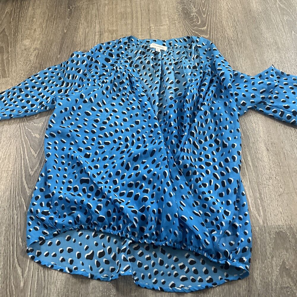 Olsenboye Women's Blouse Animal Print Open Front Blue Top Size Small Sheer